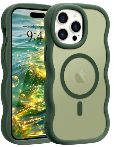 Pepmune Magnetic for iPhone 14 Pro Case [Compatible with Magsafe] Translucent Matte Cute Curly Wave Frame Phone Case,Soft TPU Bumper Slim Fit Shockproof Protective Cover for Men Women-Dark Green