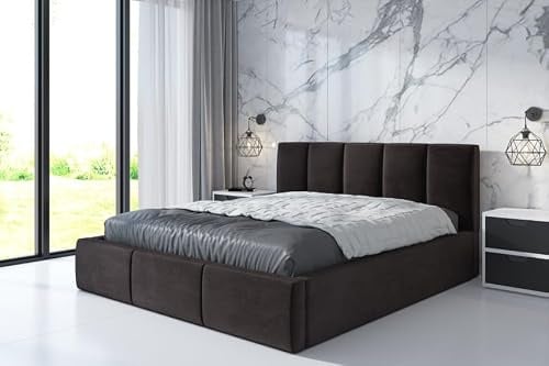 A&J MöbelLand Polsterbett 160x200 mit Bettkasten und Lattenrost – KENET, Bett mit Matratze und Stauraum in Dunkelbraun