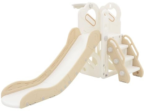 Joyz Ensemble de Jeux Enfants 3 en 1, Blanc-Beige, en Plastique, Tour d'escalade avec Toboggan et Panier de Basket-Ball, Ballon et Pompe Inclus, à Partir de 3 Ans, Montage au Système d'Emboîtage
