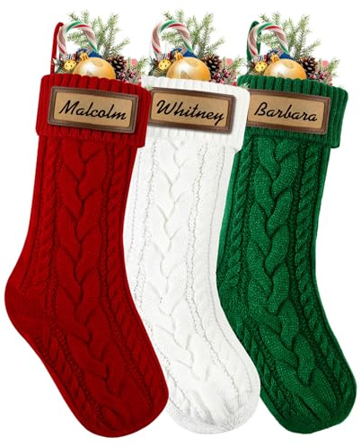 JOLCEEY 3pcs Christmas Stockings, 18 Inch Large Knit Personalized Xmas Hanging Stocking Custom Name Red Green White Stockings with Leather Patches for Christmas Fireplace Tree Decorations