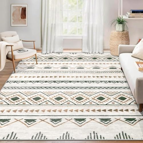 SOJAWA Marokkanischer Landhaus-Stil Teppich 120x180cm - Beige mit Dunkelgrün,kurzflor Weich & rutschfest, Maschinenwaschbar Für Wohnzimmer, Schlafzimmer - Vintage Boho-Atmosphäre Teppich