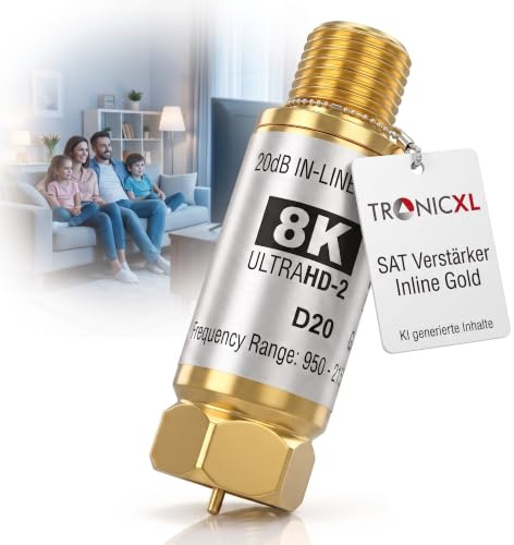 Sat Verstärker 8K HD vergoldet TV Inline Signalverstärker DVB-S2 DVB-T2 | Für LNB Schüssel / DVBT Antenne 20dB DVBS2 Satelliten-Leitungsverstärker Inline Breitband PreAmp Inlineverstärker