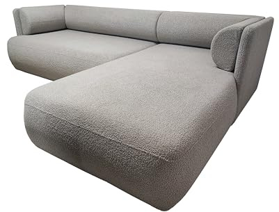 DMSM Cloud Mini Ecksofa mit Schlaffunktion, Grau, Bouclé-Stoff, 256x187 cm, mit Bettkasten und Wellenfedern, Liegefläche 127x242 cm (Armlehne rechts)