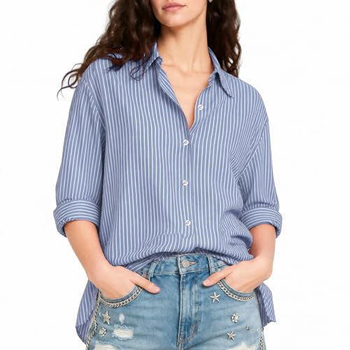 ALGALAROUND Women Striped V-Neck 3/4 Sleeve Blouses | Button Down Shirts Women's Half Sleeves Tops Casual Summer Shirt Basic Going Out Elegant Smart Blouse