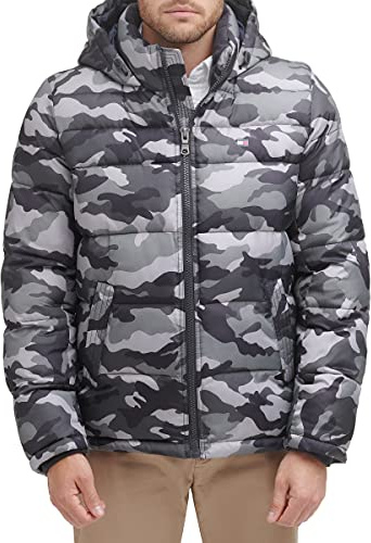 Tommy Hilfiger Men's Down Alternative Hooded Puffer Jacket (Standard and Big & Tall) Coat, Grey Camouflage, S
