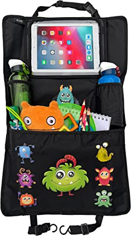 HECKBO 1x Monster Kinder Auto Rückenlehne Organizer mit Touch Tablet Tasche - Thermotasche für Getränke - Extra Große Verstautasche - Einfache Befestigung