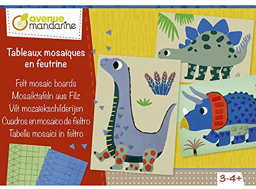 MY MANDARINE KC091C - Kreativbox, 4 Dinosaurier-Tafeln aus Karton 15x21cm, 6 Bogen A6 mit Filzstickern, ab 3 Jahren, Mosaiktafeln aus Filz, 1 Box