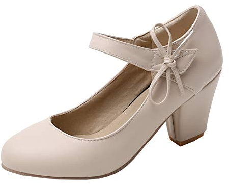 MISSUIT Damen Mary Jane Riemchen Pumps High Heels Blockabsatz Rockabilly Chunky Heels Pumps mit Klettverschluss und Schleife(Beige,40)