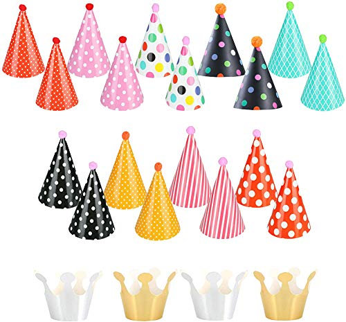 Shinelee 22 Stück Partyhüte Kindergeburtstag Papier Kegel Hüte mit Pompons Geburtstag Party Partyhütchen Krone Partyhut Kinder Erwachsene