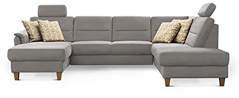 CAVADORE Wohnlandschaft Palera / U-Form Federkern-Sofa mit Schlaffunktion, Stauraum und 2 Kopfstützen / 314 x 89 x 212 / Mikrofaser, Hellgrau