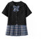 Damen Mädchen JK Uniform Anzug Japanische Schuluniform Hohe Taille Kurzer Plaid Faltenrock und Schwarzes Hemd mit Wadensocken,42