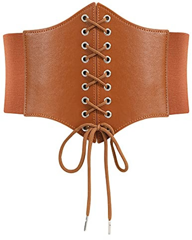 WERFORU Frauen Tied Waspie Gürtel,Breiter Schnürgürtel Korsett Elastische Taille Gürtel für Halloween Party Braun