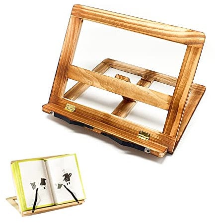 𝗔𝘁𝗿𝗶𝗹 𝗱𝗲 𝗺𝗮𝗱𝗲𝗿𝗮 𝗽𝗮𝗿𝗮 𝗹𝗶𝗯𝗿𝗼𝘀. Soporte de lectura de madera. Atril multifunción, portátil, ajustable y plegable, para libros de cocina, documentos, portátil, tableta o i-Pad.