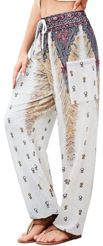 QIANXIZHAN Women's Harem Pants, Hippie Palazzo Pants Boho Joggers Yoga Clothes with Pockets, 10-White Flower, XXL