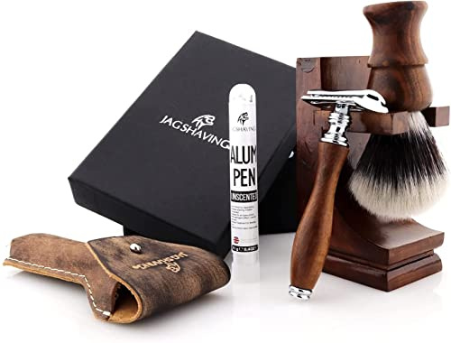 Jag Shaving Rasierset - Nachhaltige 4-teiliges Rasierset aus Holz - Synthetik Silberspitzhaar Rasierpinsel - doppelkante Rasierklingen Rasierhobel - Rasierständer - Ledertasche für Rasierhobel