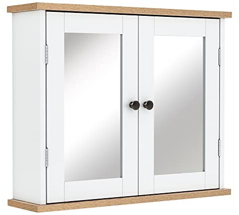 kleankin Armoire Murale avec Miroir pour Salle de Bain 2 Niveaux avec 1 étagère réglable et 2 Portes en Bois- dim. 56I x 14P x 46H cm