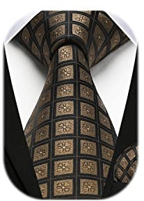 HISDERN Herren Krawatte Hochzeit Braun karierte Krawatten Taschentuch Blumen Elegant Klassisch Krawatte & Einstecktuch Set