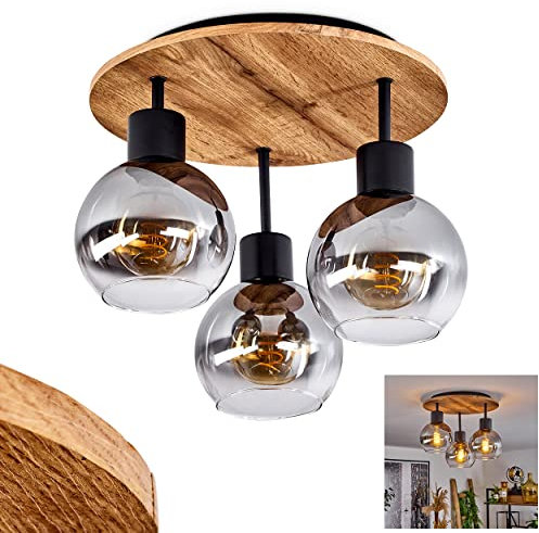 Plafonnier Vouhet, plafonnier en métal/MDF/verre noir/imitation bois/fumée, 3 flammes, douille E27, luminaire moderne, sans ampoules