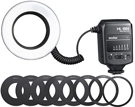 Godox ML-150II - Flash universale macro ad anello, 11 livelli di luminosità 5800 K ± 200 K GN12 Fast Recycle 1/200s-1/5000s con 8 anelli adattatori per fotocamera Canon Nikon Sony DSLR