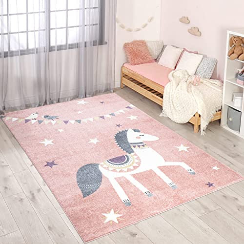 carpet city Teppich Kinderzimmer Tier-Motiv - Rosa - 80x150 cm - Kinderteppich Kurzflor mit Pferd, Wimpel - Weicher Flor