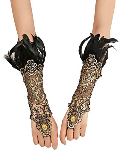 Ericetion Halloween Gothic Spitzenhandschuhe Frauen Langfingerlose Handschuhe Ellbogen Länge Armwärmer Feder Mesh Spitzenhandschuhe Für Halloween -Party -Cosplay -Abend