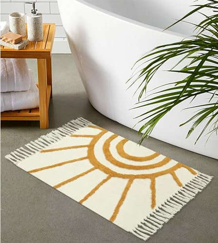 OJIA Boho-Badezimmerteppich, 50x90 cm, Baumwolle, waschbar, Küchenteppiche, beige, handgewebt, kleine Teppiche mit Quasten, Teppich, Niederflor-Teppich für Schlafzimmer/Wäsche/Eingang/Tür