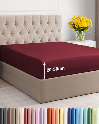 Spannbettlaken 90x200 - Mikrofaser Spannbetttuch 30cm (12) tief - Weinrot | Spannbetttuch, Boxspringbett, Weich, Knitterfrei, Bügelfrei, Atmungsaktiv, Hypoallergen, Rundumgummi, Gebürstet, OEKO-TEX