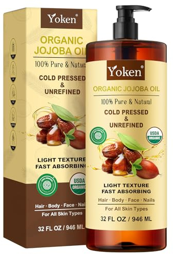 Yoken 32 fl oz (EWG Verified) 100% Pure Jojoba Carrier Oil - Unrefined, Hexane-Free, Cold Pressed for Skin, Face, Hair, Nails, and Massage