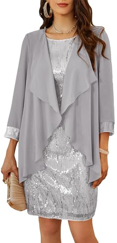 GRACE KARIN Damen Ärmelloses Rundhals Pailletten Cami Kleid Elegant Zweiteiler Tüll Cardigan Abendkleider für Party