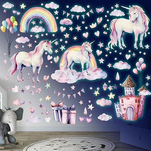 Wandsticker Leuchtaufkleber Einhorn Leuchtsticker Wandtattoo Leuchtend Regenbogen Leuchtsterne Fluoreszierend Wandaufkleber Leuchtstoff Aufkleber Kinderzimmer Babyzimmer für Mädchen Geschenke Grün
