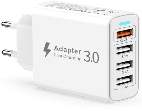 Chargeur USB Multiple, Prise USB Multiple 4 Ports 33W Chargeur Rapide USB QC3.0 Chargeur Multi USB Adaptateur Secteur USB Chargeur Telephone pour iPhone 14 13 12 11 XR X 8 7 6,iPad,Samsung S23 S22 S21