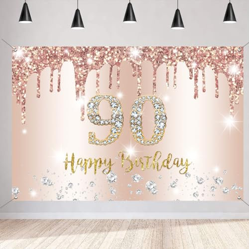 Happy 90th Birthday Decorations for Women, Happy 90 Years Old Backdrop Banner Fabric Sign Poster, 90th Birthday Rosegold Photography Background Party Supplies Weclome Sign, 150cm x 90cm