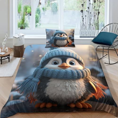 GEEYOU Pinguine Doll Bettwäsche Weich & Bügelfrei Baby Pinguine Bettbezüge Mit Reißverschluss Bedding Set Mit Kissenbezüge Microfaser Baumwolle Erwachsene Und KinderSingle(135x200cm)