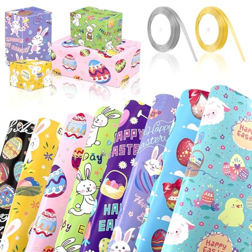 Lets Joy Geschenkpapier Ostern, 8 Blätter Ostern Geschenkpapier Set, Geschenkpapier Kinder mit 2 Rollen Band, DIY Wrapping Paper Geschenkpapier Kinder, Ostern Deko Geschenke 50 x 70cm