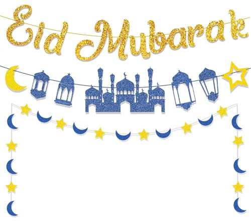 Eid Dekorationen, Eid Mubarak Banner Mond Stern Papierschnur Dekorationen für Zuhause Eid Bunting Eid Banner für Islamische Partei Dekorationen