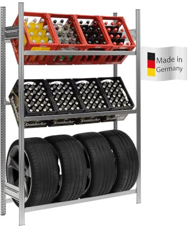 PROREGAL Getränkekisten- & Reifenregal CHIEMSEE TIRE Made in Germany | HxBxT 200x136x43,5cm | 6 Kisten + 4 Reifen | Verzinkt | Getränkekastenregal Reifenständer Garagenregal Kellerregal