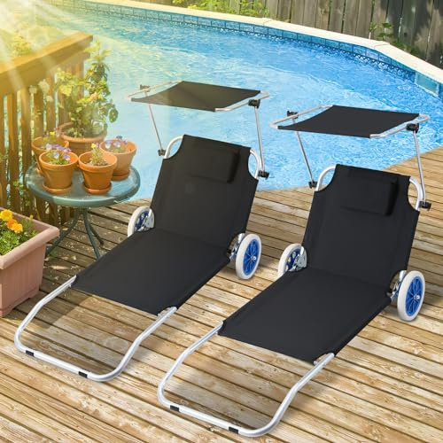 Tubiaz 2X Sonnenliege Klappbar mit Dach Liegestuhl mit Rollen, Strandliege 5-Fach Verstellbarer Rückenlehne,100kg belastbar Gartenliege,Campingliege für Strand oder Pool Garten,Alu,Schwarz