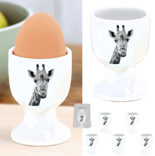 Cepewa Eierbecher 'Giraffe' 6er Set | Porzellan weiß 5x7cm | Halter für Eier Aufdruck Tiermotiv (1 x 6er Set Eierbecher Giraffe)