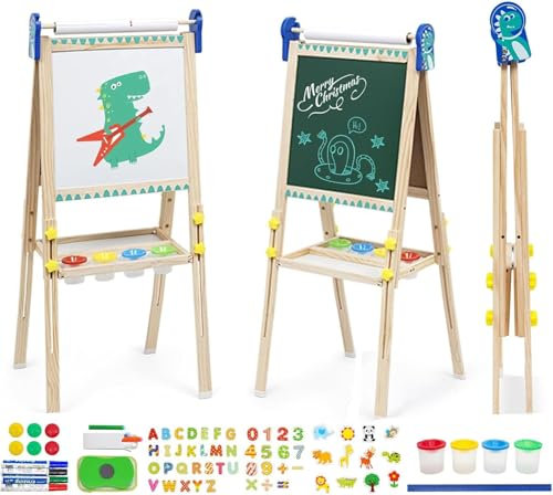 Chevalet pour Enfants en Bois, 3 en 1 Tableau de Dessin Double Faces en Bois Pliable, Chevalet d'art Réglable en Hauteur avec Rouleau de Papier et Autres Accessoires pour Enfants 3 4 5 Ans Cadeaux