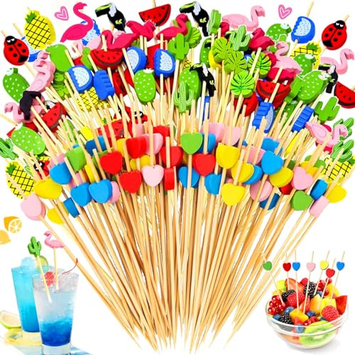 Dtoterul 200 Piezas Palillos para Aperitivos Decorados, Palillos para Cócteles 12cm, Palillos Rosa para Aperitivos en Forma de Corazón, Incluye Corazón, Fruta, Flamenco Rosado, para Fiesta(Colorido)