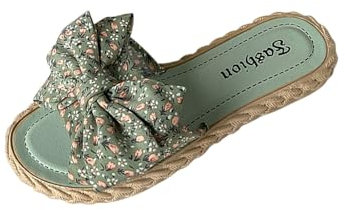 Claquette Plates Semelle Tressée Femmes d'été Claquettes de Plage et Piscine Pantoufles avec Nœud Chaussons à Bout Ouvert Nu Pieds Confortable Antidérapant Chaussures pour Maison Salle de Bain Douche