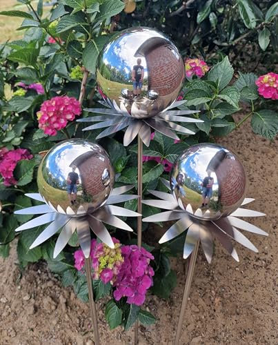 Jürgen Bocker Garten-Ambiente Blütenzauber Milano 3er Set Rosenkugel 15/10/10 cm Edelstahl Gartenstecker Deko mit Stab 80 cm (Silber poliert)