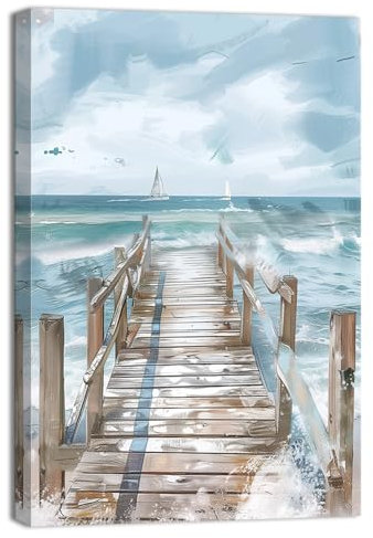 ZQQART Ozean Strand Wandbild, abstrakte Küsten Holzbrücke Leinwandmalerei Kunst weißes Segelboot Bilder Seehaus Bauernhaus Dekor Rahmen(Brücke -4,30x45cm)