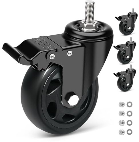 RRIUTO Ruote per Carrello con Perno Filettato M10 x 30mm, 100MM Ruote per Mobili con Freno, Ruote Girevoli Rotazione a 360° e Antigraffio, 4 Rotelle per Carichi Pesanti Capacità 500KG
