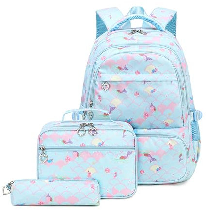 ZHANAO Juego de mochila para niñas, mochilas escolares con lonchera, estuche para lápices, juego de mochila para adolescentes y estudiantes de primaria, Azul