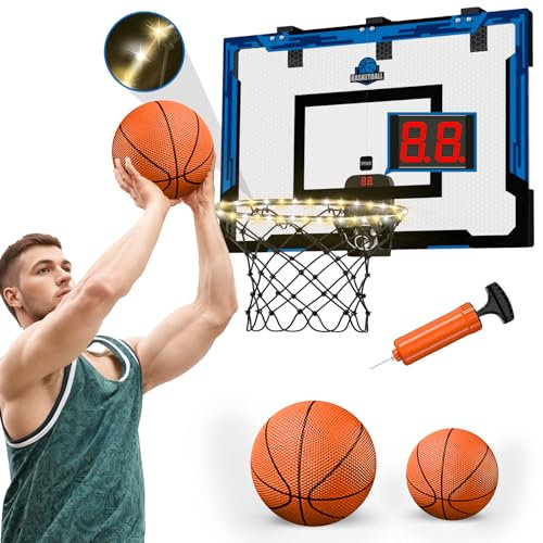 HYES 24 x 16 Panier de Basket Interieur pour Enfants, Panier de Basket avec Scoreboard et éclairage, Panier Basket Chambre avec 2 Ballons, Pompes, Jouet de Sport pour extérieur, Bleu