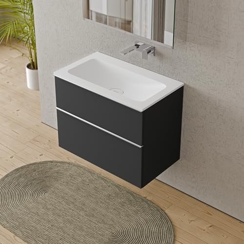 BERNSTEIN Badmöbel-Set Lavoa, Waschtisch-Unterschrank mit Waschbecken 80cm in Anthrazit - CREAM - Weiß matt ohne Hahnloch - 2 Schubladen, Griffe in Chrom, vormontiert, 5 Jahre Garantie