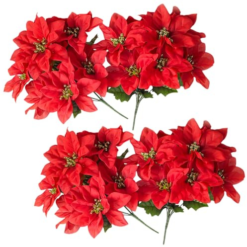 YIAJIA Poinsettia Artificial Flowers - 4 Bundles Artificial Christmas Flowers & Foliage, Artificial Poinsettia Bushes for Xmas Party Holiday Flower Arrangements Wedding Decoration