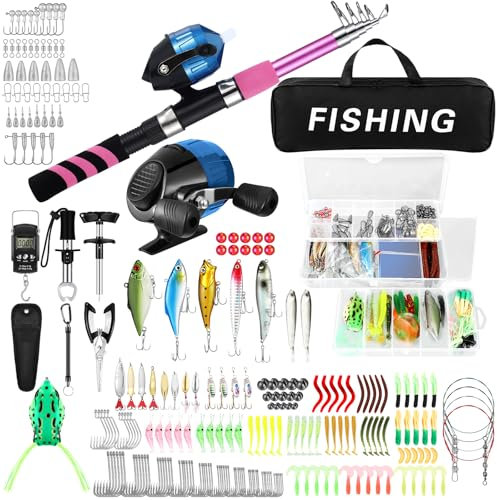 DoubleFill 310-teiliges Kombi-Set für Angelrute und Rolle, Teleskop-Angelrute mit Spinnrollen, Tragetasche, Angelruten-Set, Angelausrüstung für Salzwasser, Süßwasser-Angeln (Rosa)