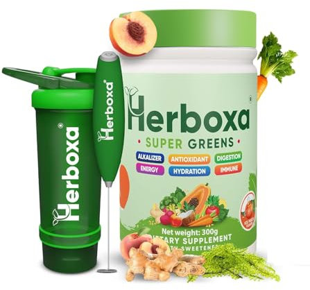 2x Herboxa Super Greens Ice Peach + Shaker Flasche + Elektrischer Schneebesen